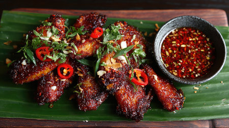 A visually striking platter featuring glazed chicken wings topped with fresh herbs and red chili, served with a spicy dipping sauce on a banana leaf.の素材
