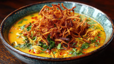 A stunning bowl of noodle soup featuring a vibrant broth, garnished with crispy fried onions and fresh herbs, showcasing a perfect meal for any occasion.の素材