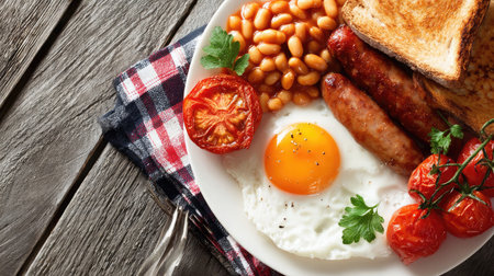 Enjoy a classic English breakfast featuring perfectly cooked eggs, savory sausages, beans, crispy toast, and grilled tomatoes, served on a rustic wooden table.の素材