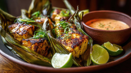 A beautifully arranged plate of grilled fish wrapped in banana leaves, served with lime and a spicy sauce, showcasing vibrant colors and textures.の素材