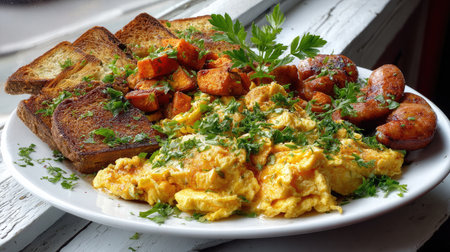 A vibrant breakfast plate featuring fluffy scrambled eggs, crispy toast, and roasted vegetables garnished with fresh herbs, perfect for morning meals.の素材