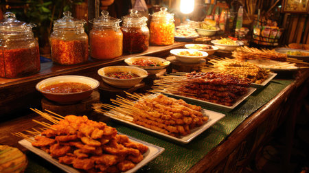 Explore a bustling night market scene featuring an array of delectable skewers and vibrant sauces. The inviting setup captures the essence of street food culture, showcasing colorful garnishes and aromatic spices that delight the senses and invite food lovers to indulge.の素材