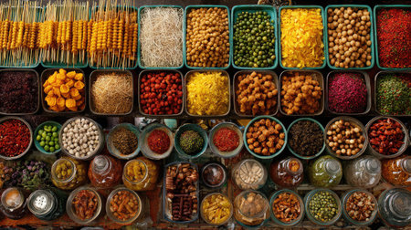 Explore a vivid collection of spices and herbs displayed in baskets and jars, showcasing diverse colors and textures, perfect for culinary inspiration.の素材