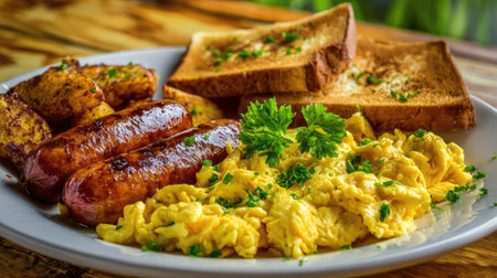 A vibrant breakfast plate showcasing fluffy scrambled eggs, savory sausage links, crisp toast, and golden potatoes garnished with herbs, perfect for any morning meal.の素材