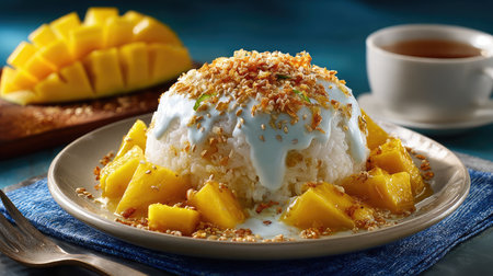 This enticing dessert features ripe mango slices atop sticky rice, drizzled with coconut milk and garnished with toasted coconut flakes, perfect for any occasion.の素材