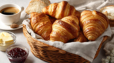 A beautiful arrangement featuring freshly baked golden croissants in a woven basket beside a cup of coffee, butter, and jam on a soft linen tablecloth.の素材