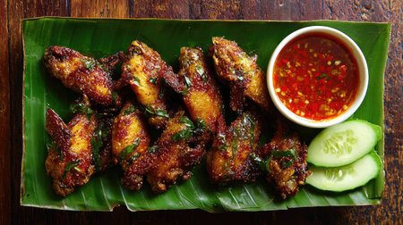 A mouth-watering arrangement of crispy chicken wings served with a spicy dipping sauce and fresh cucumber slices on a vibrant banana leaf. Perfect for gatherings.の素材