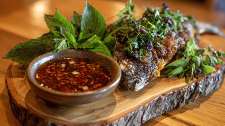 A beautifully grilled fish garnished with fresh herbs and served with a spicy dipping sauce on a rustic wooden board, perfect for gourmet lovers.の素材