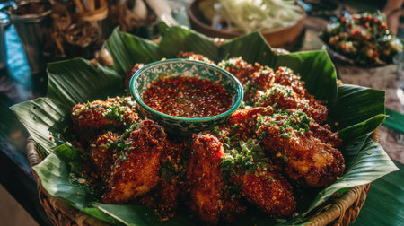 A mouthwatering display of spicy chicken wings garnished with fresh herbs and served with a tangy dipping sauce, ideal for gatherings and events.の素材
