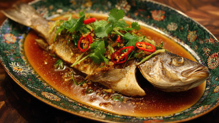 A beautifully presented whole cooked fish on a decorative plate, garnished with fresh herbs, spicy peppers, and flavorful sauce, ideal for gourmet cooking.の素材