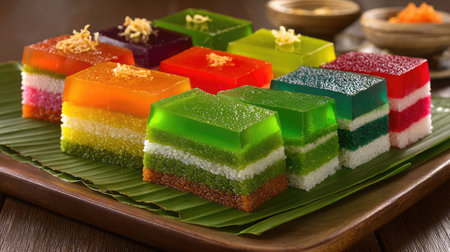 A vibrant display of layered jelly desserts on a green banana leaf, showcasing a variety of colors and textures, perfect for festive occasions.の素材