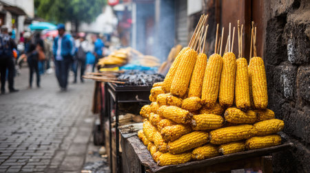 The image captures a lively street market with stacks of grilled corn ready to be enjoyed by passersby, showcasing urban life and culinary delights.の素材