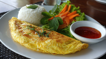 A beautiful plate featuring a fluffy omelet alongside steamed rice, a vibrant salad, and a side of spicy sauce. Perfect for gourmet meals.の素材