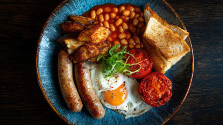 A vibrant breakfast platter showcasing sausages, fried eggs, baked beans, grilled tomatoes, and toasted bread, perfect for a hearty morning meal.の素材
