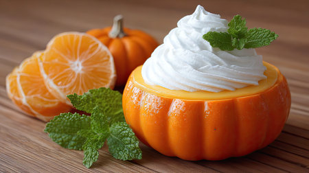 A delightful dessert featuring creamy filling nestled in a pumpkin shell, topped with fluffy whipped cream, accompanied by fresh orange slices and mint leaves.の素材