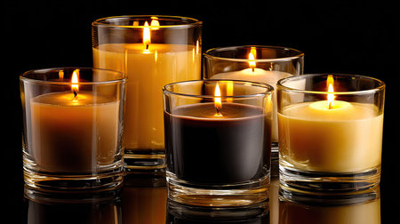 A stunning composition featuring various candles in glass holders, showcasing flickering flames that create a warm ambiance against a black background.の素材