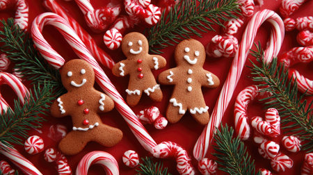 Delight in this festive arrangement featuring gingerbread cookies, candy canes, and peppermint treats, perfect for holiday celebrations and gatherings.の素材