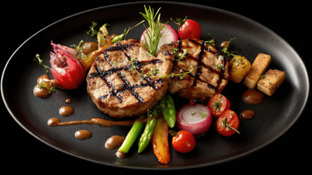 A beautifully arranged plate featuring grilled meat alongside vibrant vegetables, showcasing culinary artistry and inviting presentations perfect for any dining occasion.の素材