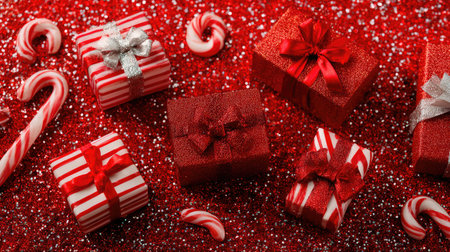 A vibrant display of Christmas gifts in red and white, adorned with shiny ribbons and surrounded by candy canes. Perfect for holiday themes.の素材