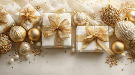 A beautiful arrangement featuring gold and white gift boxes adorned with elegant ribbons, surrounded by sparkling ornaments, perfect for holiday decor.の素材