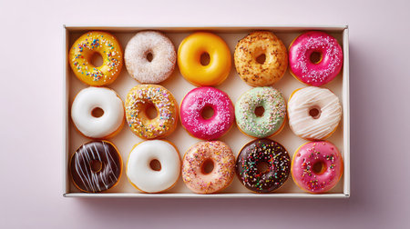 This vibrant image features a colorful assortment of delicious donuts presented in a box. Each treat showcases a variety of sprinkles, frosting, and glaze, creating an indulgent visual feast perfect for parties or personal enjoyment.の素材