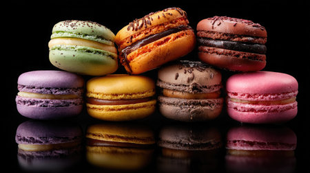 A visually stunning arrangement of colorful macarons stacked on a reflective surface with a black background. Each macaron displays unique flavors and textures, making this image perfect for food enthusiasts and culinary professionals.の素材