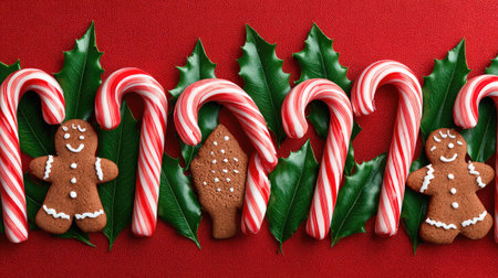 A colorful arrangement of festive gingerbread cookies and striped candy canes nestled among vibrant holly leaves on a rich red background. A perfect holiday display!の素材