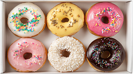 A tempting assortment of colorful donuts displayed in a box, featuring various icings and toppings, perfect for sweet treat lovers or dessert occasions.の素材