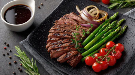 A beautifully arranged plate featuring grilled steak, fresh asparagus, and cherry tomatoes drizzled with rich sauce, perfect for culinary presentations.の素材