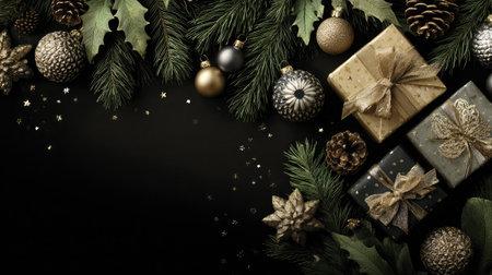 A sophisticated holiday display featuring beautifully wrapped gifts nestled among pine branches, ornaments, and pine cones, creating a festive atmosphere.の素材