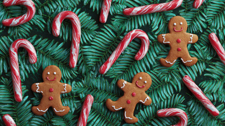 Colorful gingerbread cookies and striped candy canes scattered on a lush green evergreen background, perfect for holiday decoration and festive gatherings.の素材