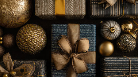 An artistic arrangement of elegantly wrapped gifts in gold and black, accompanied by shimmering ornaments, creates a luxurious festive atmosphere perfect for holiday celebrations.の素材