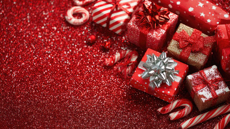 A stunning arrangement of festive Christmas gifts adorned with vibrant red glitter and candy canes creates an inviting holiday atmosphere, perfect for decoration.の素材