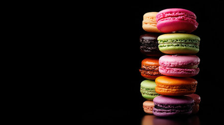 A visually striking stack of assorted macarons featuring vibrant colors against a black background. Perfect for culinary showcases and dessert marketing.の素材