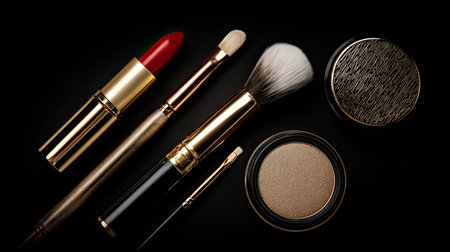 A stunning arrangement of luxurious makeup tools and products against a sleek black background, perfect for beauty and fashion applications.の素材