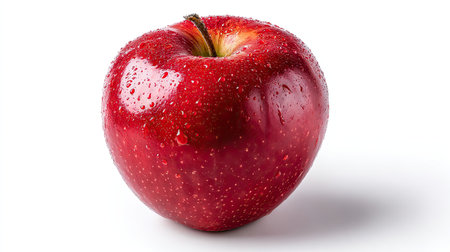 A vibrant red apple adorned with glistening water droplets sits against a clean white background, symbolizing freshness and health. Perfect for culinary use.の素材
