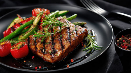 A visually stunning dish featuring a perfectly grilled steak accompanied by fresh asparagus and cherry tomatoes, garnished with rosemary. Ideal for culinary inspiration.の素材