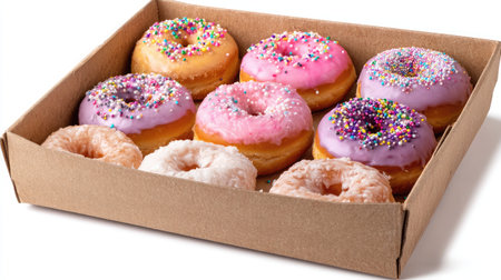 A tempting assortment of colorful donuts showcased in a cardboard box, featuring various flavors and sweet toppings like pink icing and sprinkles. Perfect for parties or breakfast treats.の素材