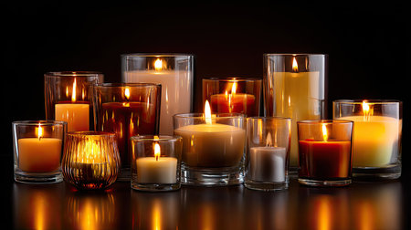 A visually appealing collection of various candles in glass holders, displaying warm flames that create a peaceful ambiance against a dark backdrop.の素材