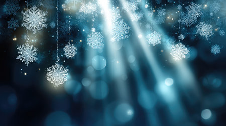 A serene blue background features floating snowflakes with delicate details and stunning rays of light creating an enchanting winter atmosphere. Perfect for holiday themes.の素材