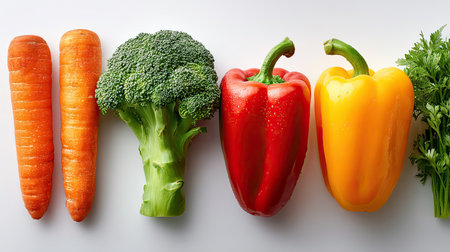 Bright and vibrant assortment of fresh vegetables including carrots, broccoli, red and yellow bell peppers, and cilantro. Perfect for healthy cooking.の素材