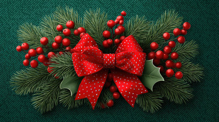 A vibrant and festive arrangement featuring a red bow, holly leaves, and berries on a textured green background, perfect for holiday themes.の素材