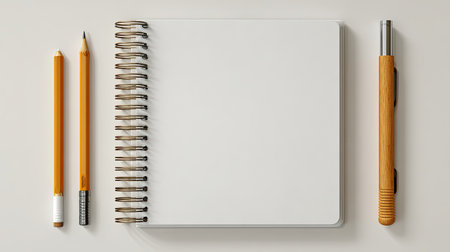 A minimalist composition featuring a blank spiral notebook, two yellow pencils, and a wooden pen, perfect for creative projects or educational tasks.の素材
