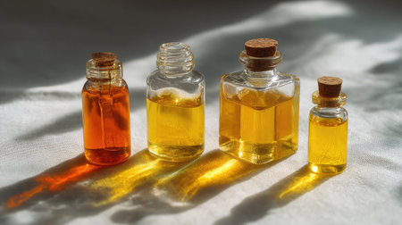A captivating arrangement of glass bottles filled with various natural oils showcases an array of warm colors. The soft background enhances the elegance and detail of each bottle, making it a perfect visual for health and wellness themes.の素材