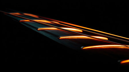 This captivating image features a close-up view of guitar strings illuminated by warm tones, showcasing intricate textures and artistic detail against a dark backdrop.の素材