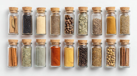A visually appealing arrangement of various spices in glass jars with cork lids, perfect for culinary projects, home decor, and gastronomy-themed designs.の素材