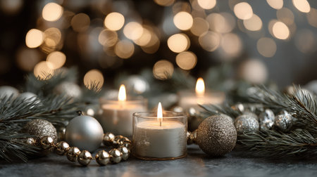 This enchanting image captures the warm glow of candles surrounded by elegant holiday decorations, creating a festive and cozy atmosphere perfect for celebrations.の素材