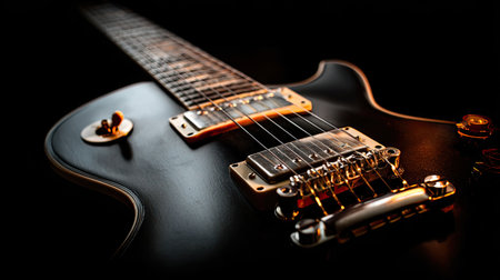 This stunning close-up showcases a black electric guitar, highlighting the intricate details of its strings, body, and controls. The dramatic lighting enhances the textures and curves, making it a perfect representation of musical artistry and craftsmanship. Ideal for music-related projects.の素材