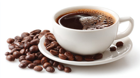 A classic white cup filled with freshly brewed black coffee sits beside a scattering of roasted coffee beans on a saucer, exuding rich aroma.の素材