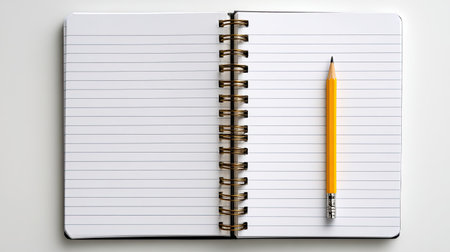 An open lined notebook beside a yellow pencil on a clean white background, ideal for writing, sketching, or brainstorming ideas in various settings.の素材